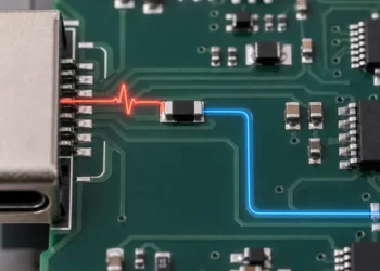 USB 接口旁低矮平放的黑色 MLV 芯片与短保护路径