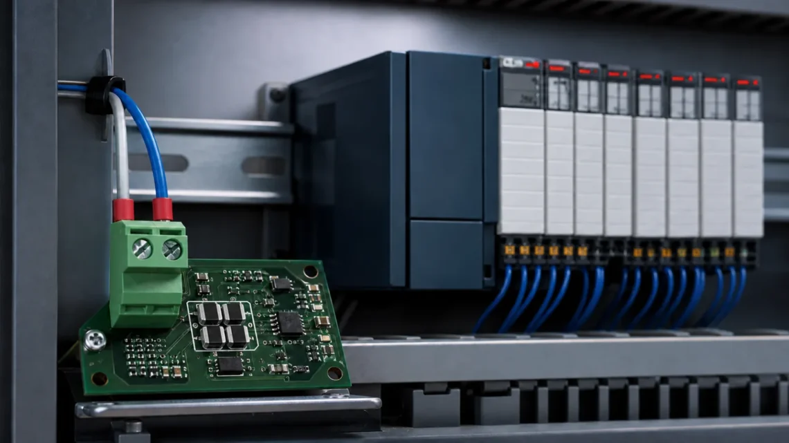 PLC 与 RS-485 接口板上平放安装的四颗 MLV 芯片