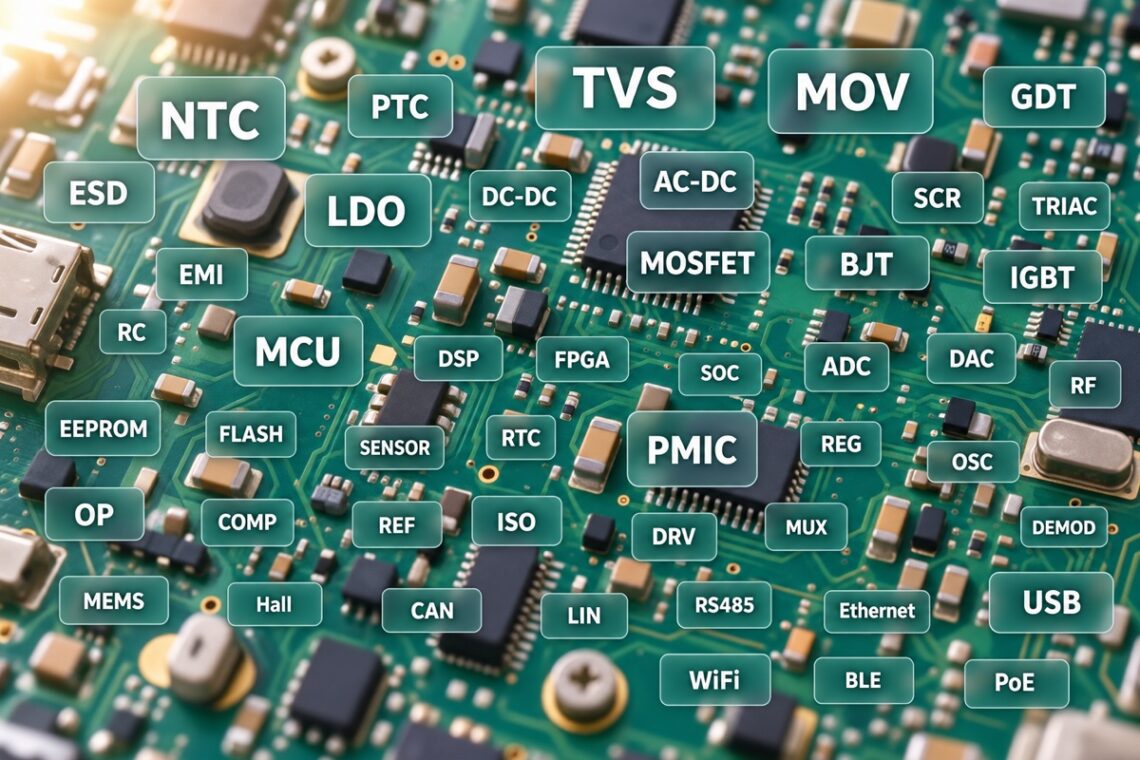 PCB背景上标注NTC、TVS、MOV、MOSFET、MCU等电子元器件英文缩写