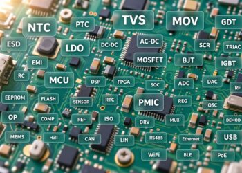 PCB背景上标注NTC、TVS、MOV、MOSFET、MCU等电子元器件英文缩写