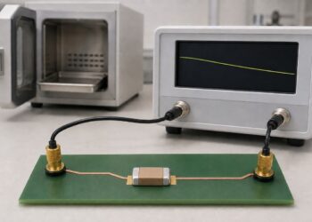 单颗两端MLCC在测量夹具中配合已完成热历史与缓慢下降时间趋势的概念场景